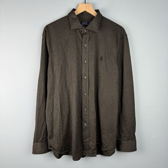 Polo Ralph Lauren Mens Knit Dress Logo Shirt‎ Gray Long Sleeve Size XL - Picture 1 of 5